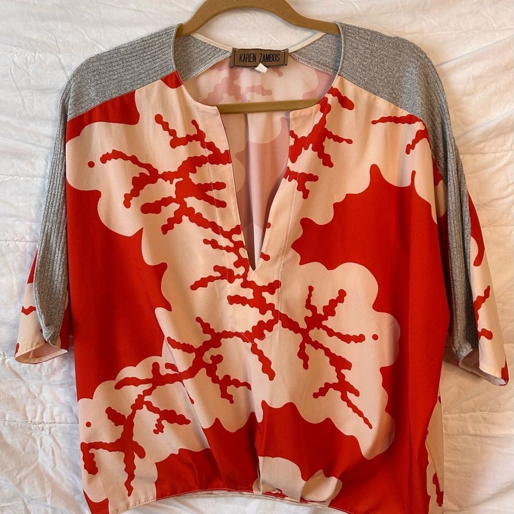 Anthropologie X Karen Zambo Women's Size M Orange Floral Gray Ribbed Blouse Euc